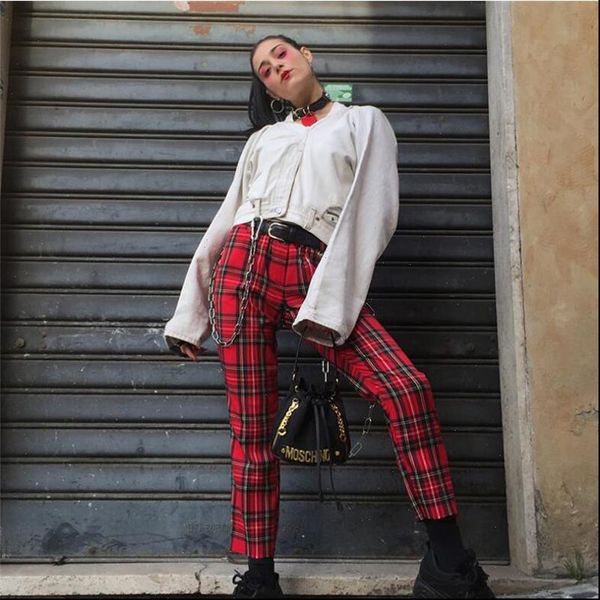 

women pants plaid hight waist trousers harem full length streetwear pockets plus size spring, Black;white