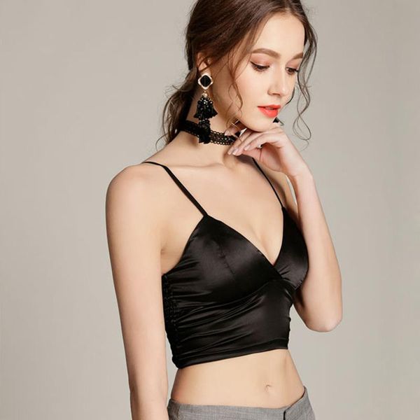 

women's tanks & camis women crop camisole bralette strappy unlined lingerie bra modeled silk satin vest tank black white