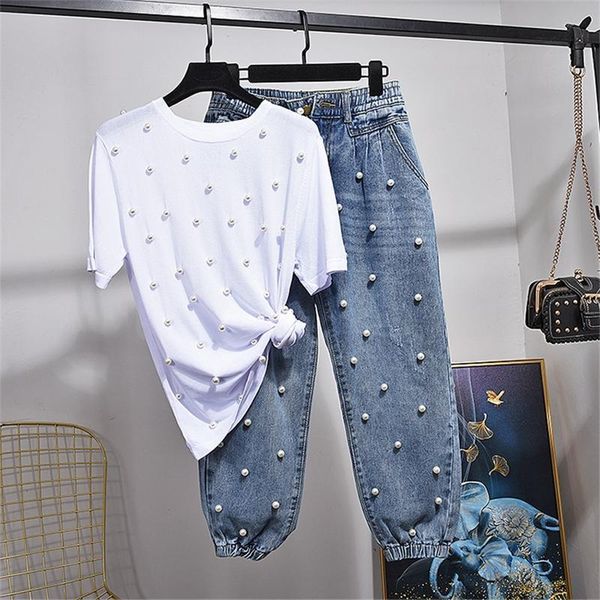 

summer women fashion beading loose knitted thin t shirt + casual little feet jeans 2 piece outfits tee tide h174 two dress, White