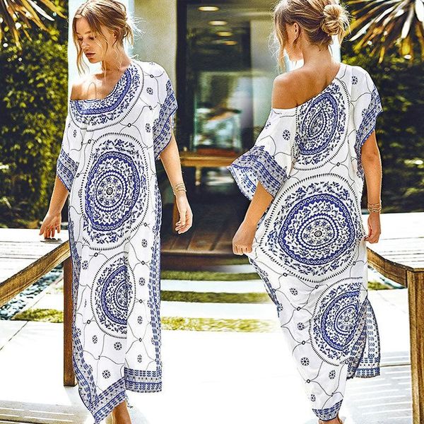 

women's swimwear blue positioning printed rayon long loose robe bikini blouse beach skirt dress, White;black