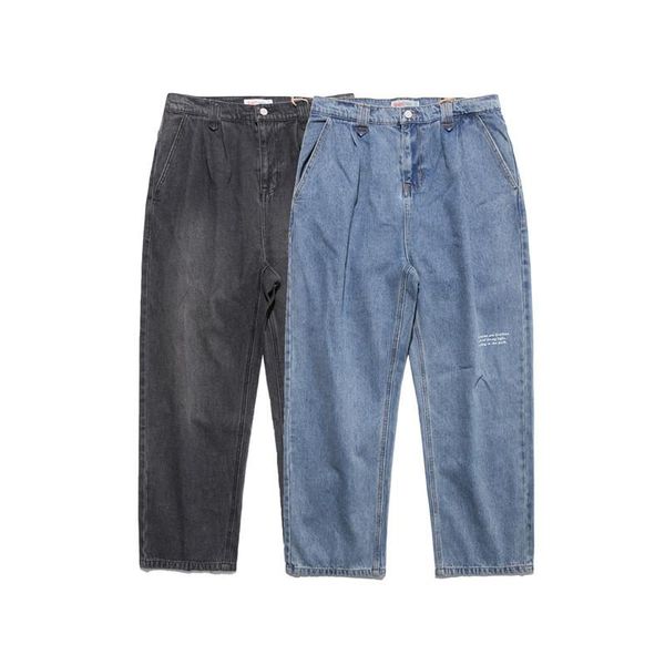 

autumn brand washed jeans men's japanese retro loose letter printing straight trousers, Blue