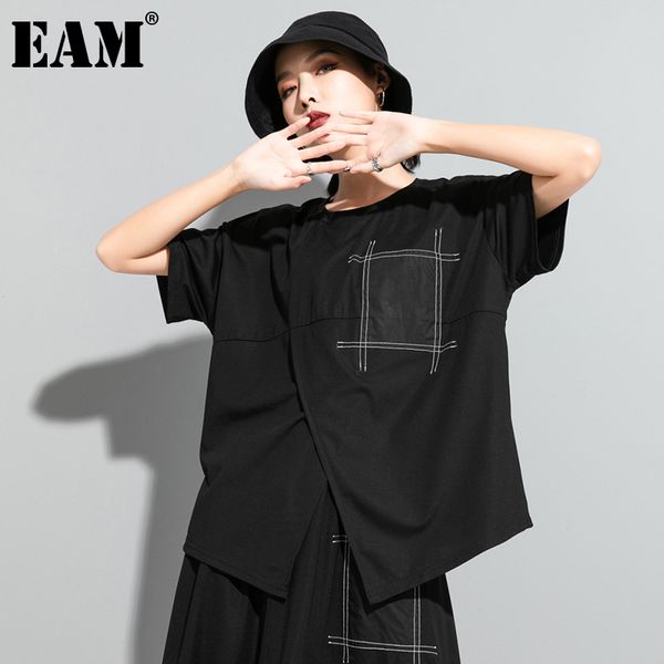 

[eam] women black spliced irregular big size t-shirt round neck short sleeve fashion spring summer 1dd7734 210512, White