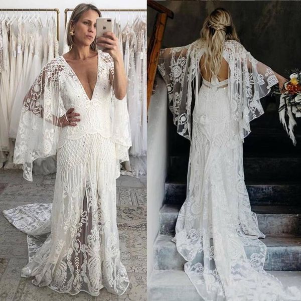 Vintage Bohemian Dantel Gelinlikler Kılıf Derin V Boyun Şair Uzun Kollu 2021 Ülke Boho Bahçe Gelin Elbise Sweep Tren Backless Vestidos De Novia Seksi AL9105