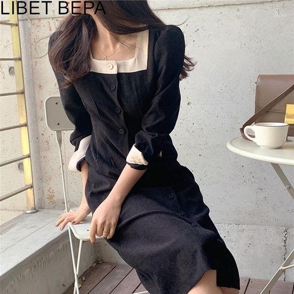 

autumn winter women dresses elegant vintage lace up square collar korean style high waist casual lady midi dress dr2209, Black;gray