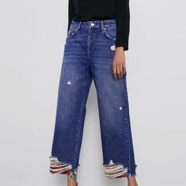 

women's jeans 2021 women pantalon frayed washed ankle-length high waist ripped denim pants pocket casual hole straight cylinder trouser, Blue