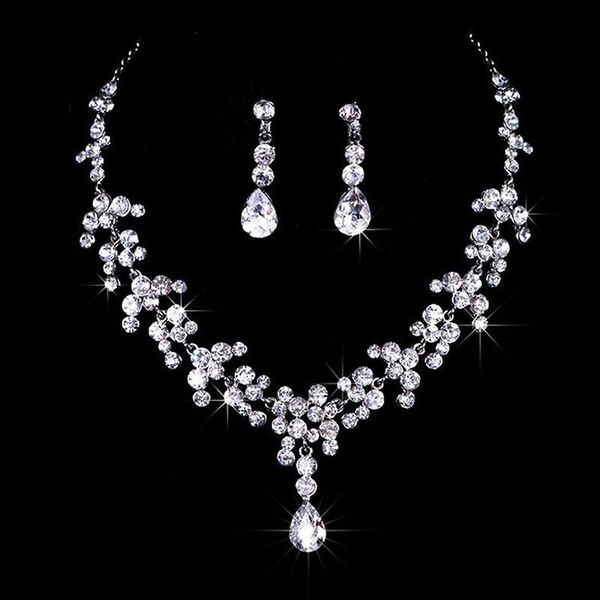 

earrings & necklace tiara jewelry set for women gift bridal wedding party crystal rhinestone, Silver