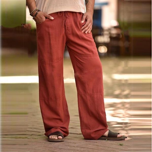 

men's pants large size wide leg cotton linen trousers loose fit lightweight elastic waist beach sweatpants, Black