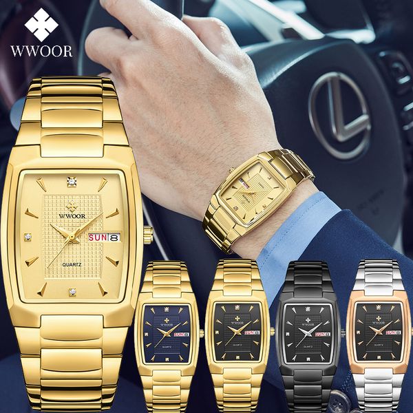 

2021 wwoor luxury gold full steel watches mens square quartz wristwatch for men sport waterproof week and date relogio masculinog, Slivery;brown