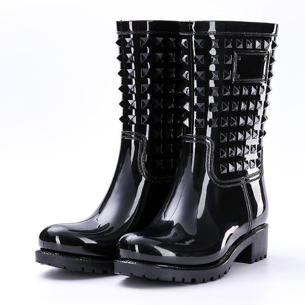 

boots women spring summer rainboots mid-calf woman shoes big size non-slip waterproof female footwear rivet pvc rain 99, Black