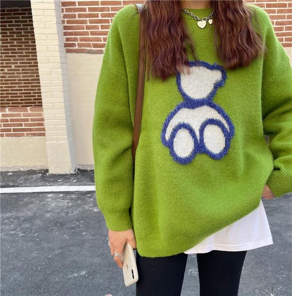 

women's sweaters winter women bear green sweater knitted pullover korean fashion thick warm oversize style long sleeve cute street fema, White;black