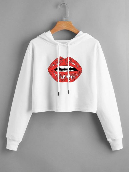

lip print drop shoulder drawstring hoodie 94tk#, White;black