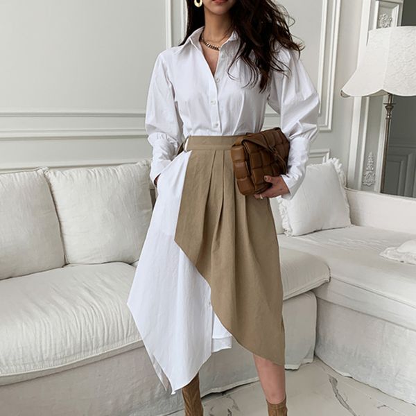 

fall clothes two piece set female 2 outfits for women irregular shirt dress pleated korean fashion suit 210510, White