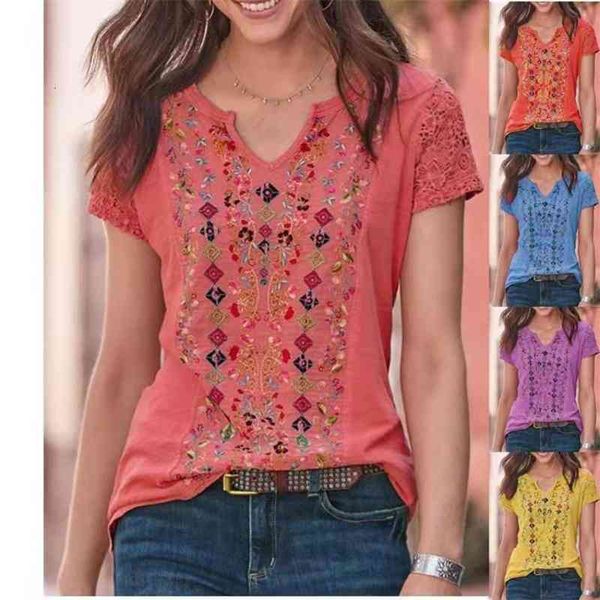 

women's t-shirt 2021 national style floral print loose vtt1, White