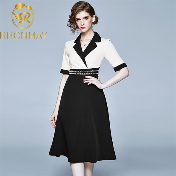 

runway beading dresses superior quality women vintage patchwork turn down collar dress summer party 210520, Black;gray