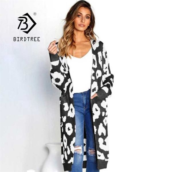 

leopard print long cardigans winter clothes women open stitch autumn pockets slim casual knitted sweater coats t95701z 210419, White;black