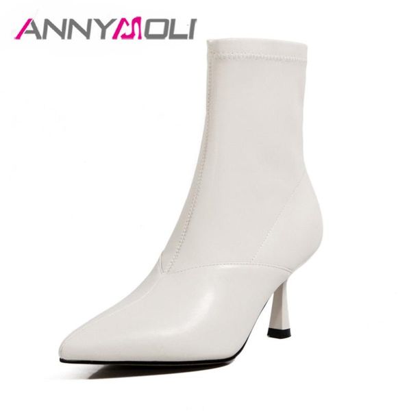 

boots annymoli ankle genuine leather high heel women shoes pointed toe short zip stiletto female autumn winter, Black