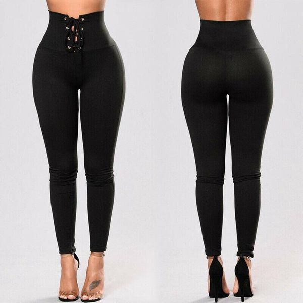 

goocheer arrival casual women's high waist bandage solid pants drawstring ladies pencil trousers elastic joggings & capris, Black;white