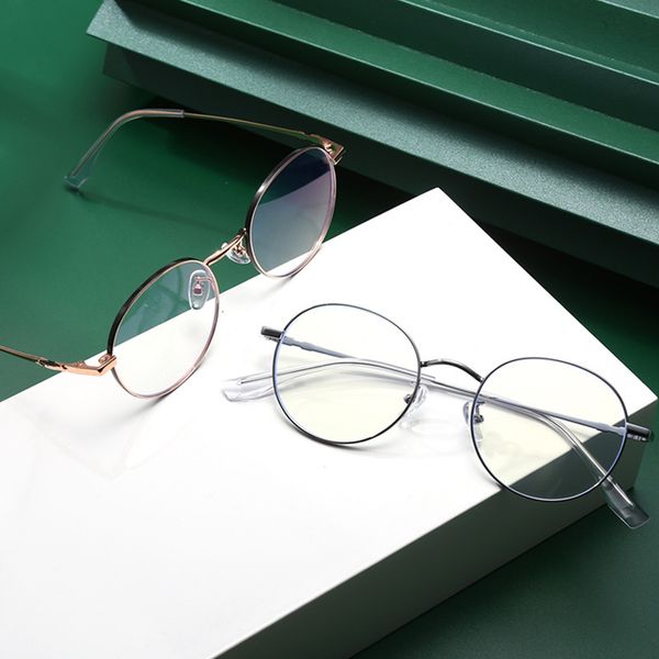 

blue light proof glasses fashion metal two-color flat lens ins net red wind plain color round myopia frame, White;black