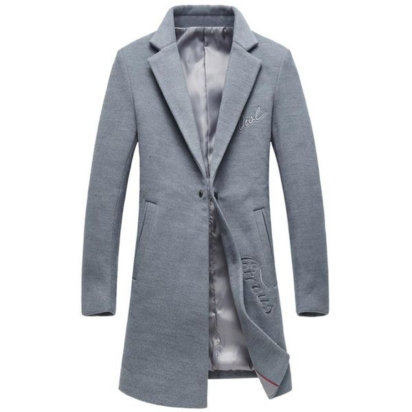 

men's wool & blends coat autumn and winter medium length windbreaker / letter embroidery solid color single breasted blended, Black