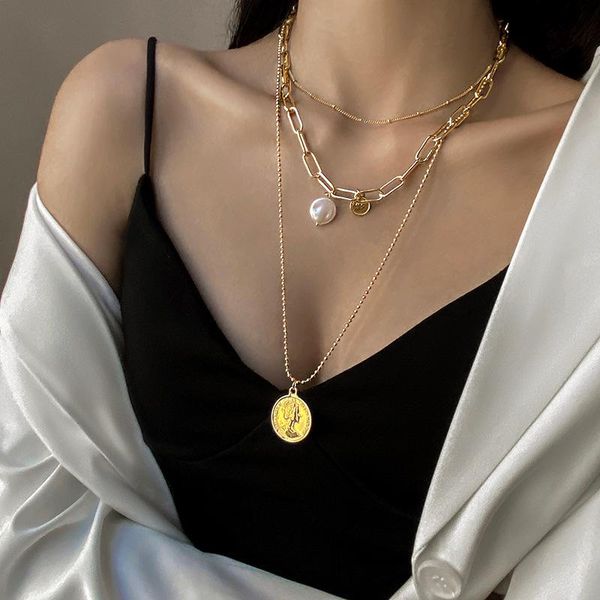 

chokers irregular pearl portrait coin pendant necklace retro multilayer chain women fashion geometric jewelry gift, Golden;silver