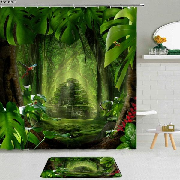 

shower curtains 2pcs magic forest curtain tropical plant monstera flowers round tree vine fabric non-slip bath mat bathroom set