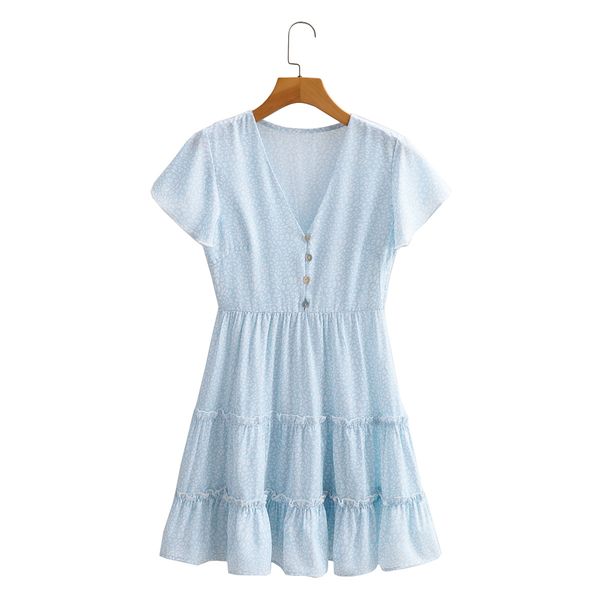 

vintage fashion v-neck short sleeves women dress fashion flower print ruffle stitching slim chic female mini dresses 210507, Black;gray