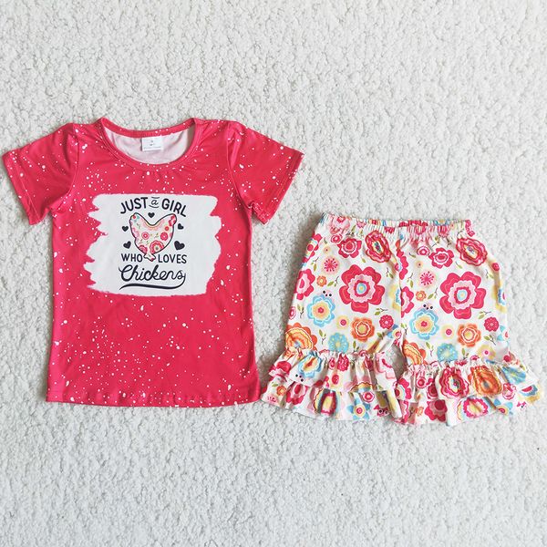 

2021 boutique kids clothing sets little girls summer clothes outfits milk silk chicken print match floral ruffle shorts wholesale toddler ba, White