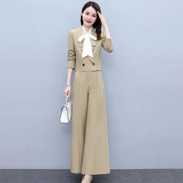 

women's two piece pants women office suit 2021 autumn winter korean fashion short coat wide leg 2 set matching plus size clothes, White