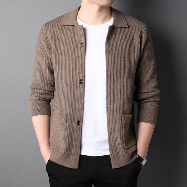 

men's sweaters 2021 autumn winter solid color knit cardigan sweater middle-aged long sleeve knitted jacket business casual sweatercoat, White;black