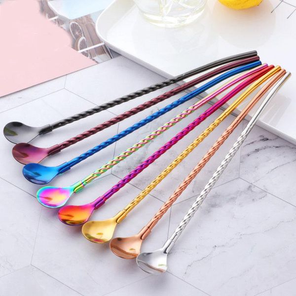 

drinking straws 1pc long twisted straw spoon portable gold tea scoop reusable colored stainless steel cocktail coffee stirring