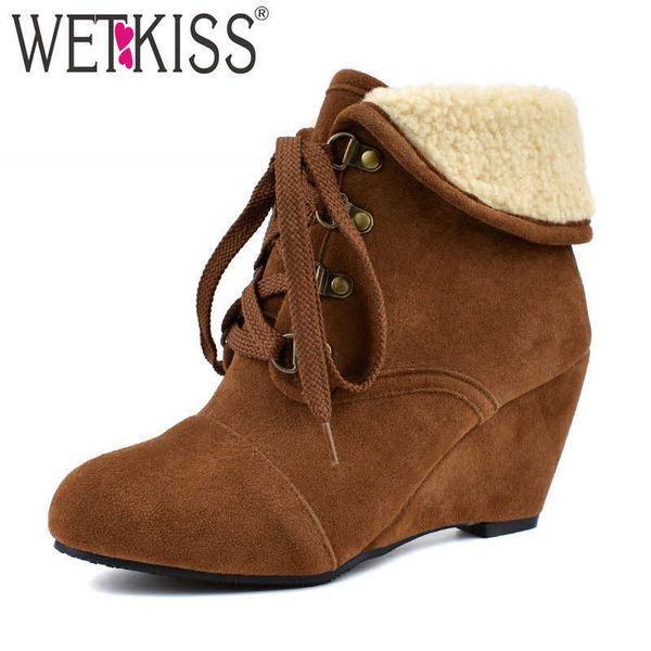 

wetkiss flock boots women wedges high heels ankle booties female round toe shoes ladies warm rivet shoes winter plus size 34-48 210630, Black