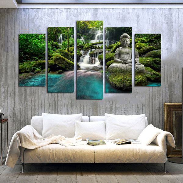 5 painéis de cachoeira buda pôsteres e impressões pintura em tela tamanho grande imagens de arte de parede para sala de estar paisagem decoração de casa