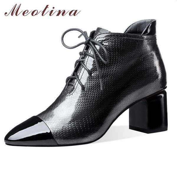 

winter ankle boots women natural genuine leather thick high heel short mixed colors zipper shoes ladies size 34-39 210517, Black