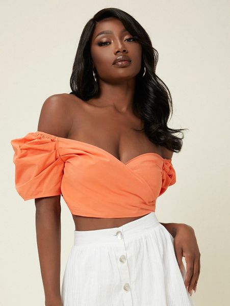 

surplice neck shirred back puff sleeve 254v#, White