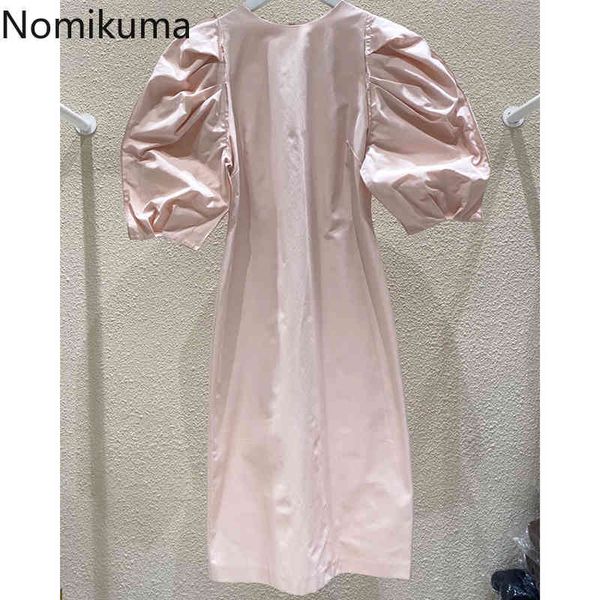 

nomikuma korean puff short sleeve elegant dresses causal o-neck spring summer new women dress causal solid vestidos 6f397 210427, Black;gray