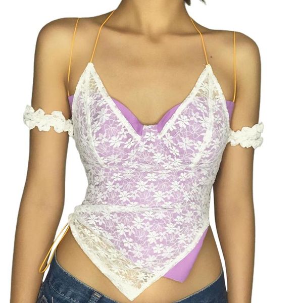 

women two in one lace tank , white purple halter up open back camis women's tanks &