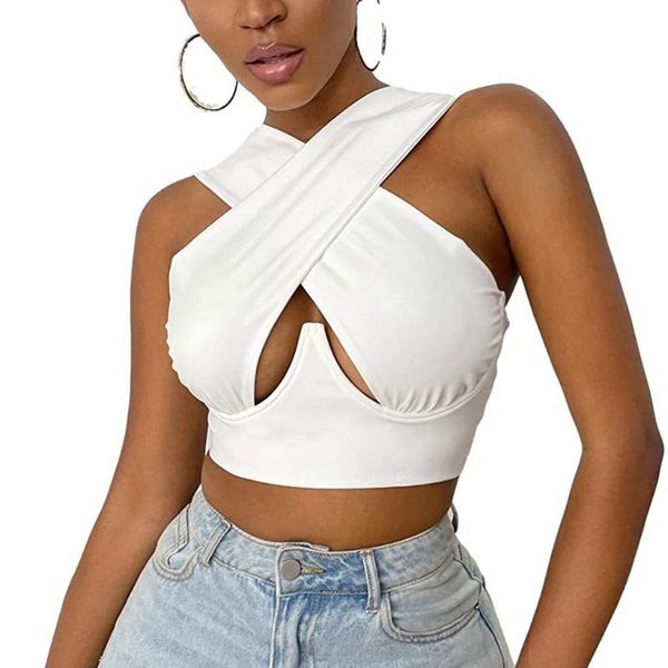 

women's tanks & camis women criss cross halter tank crop ruched bandage cutout front corset cami vest solid color casual slim busti, White