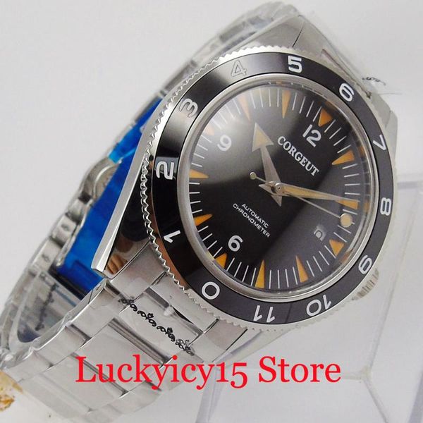 

wristwatches corgeut fashional black 41mm self winding men wristwatch sapphire glass automatic movement steel band date window, Slivery;brown