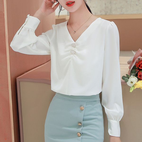 

korean silk blouses women satin v neck shirt woman long sleeve plus size blusas mujer de moda 210427, White