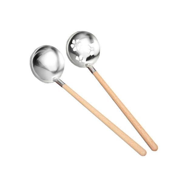 

spoons 2pcs stainless steel soup spoon scoop colander cooking ladle cookware for home restaurant (wooden handle ladle+wooden col