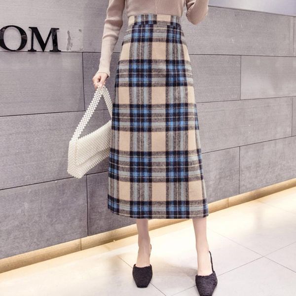 

skirts slim retro plaid skirt high waist autumn winter harajuku thickened woolen korean elegant long office women bottoms, Black