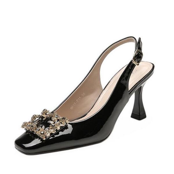 

sandals female high-heeled sndals with thin heels ol diamond square buckle the word strap office lady pumps, Black