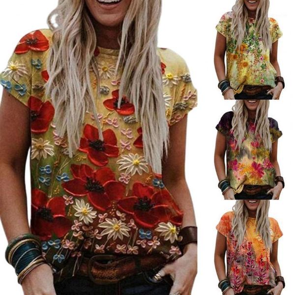 

women blouse short sleeve skin-friendly polyester retro flower print for summer clothing t-shirt women's, White