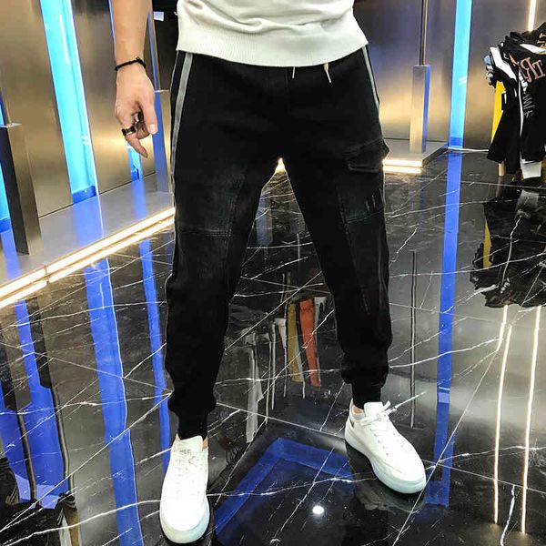 

pant male trousers autumn personality down to the simple side stripe jeans beautiful and versatile, Black