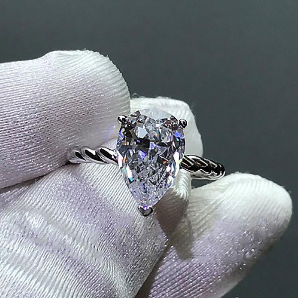 

cluster rings 2021 solitaire pear cut 6ct simulated diamond cz ring 925 sterling silver engagement wedding band for women party jewelry, Golden;silver
