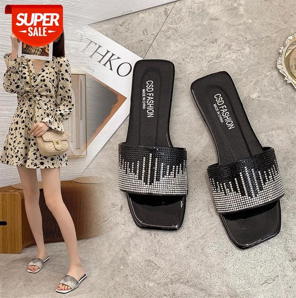 

outer wear flat-bottomed flip-flops beach sandals and slippers women with rhinestones plus size #et7l, Black