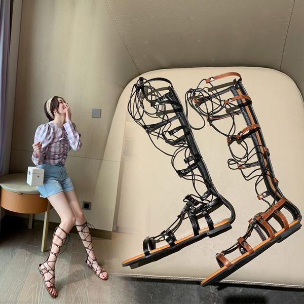 

boots low price women knee-high summer plus size 22-28cm fisherman shoes cross strap hollow sandals roman, Black