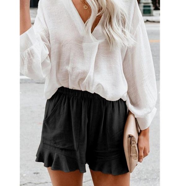 

women's shorts 2021 multi-color fashion lady casual cotton solid high waist ruffle loose, White;black