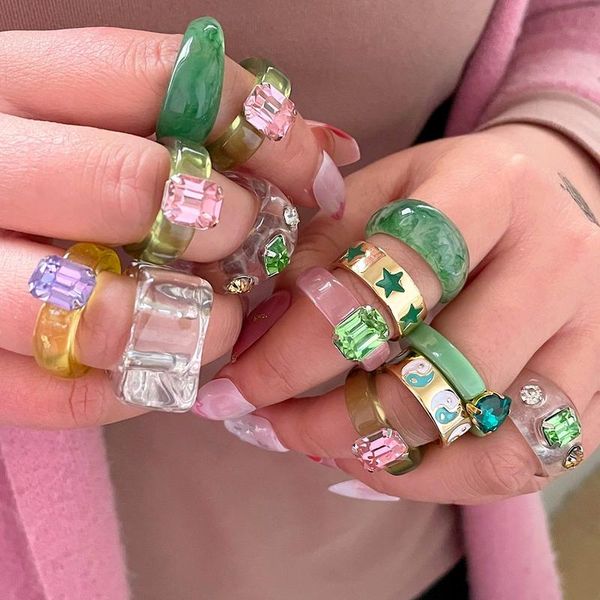 

cluster rings geometry irregular round resin ring set for women colorful rhinestone chunky acrylic fashion wedding jewelry gifts, Golden;silver