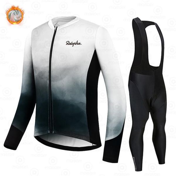 

racing sets ralvpha 2021 winter thermal fleece cycling jersey set men's outdoor riding mtb ropa ciclismo bib pants clothing, Black;blue